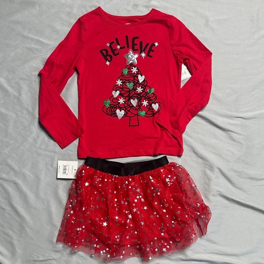 Red 'Believe' Christmas Tree Top and Skirt Set